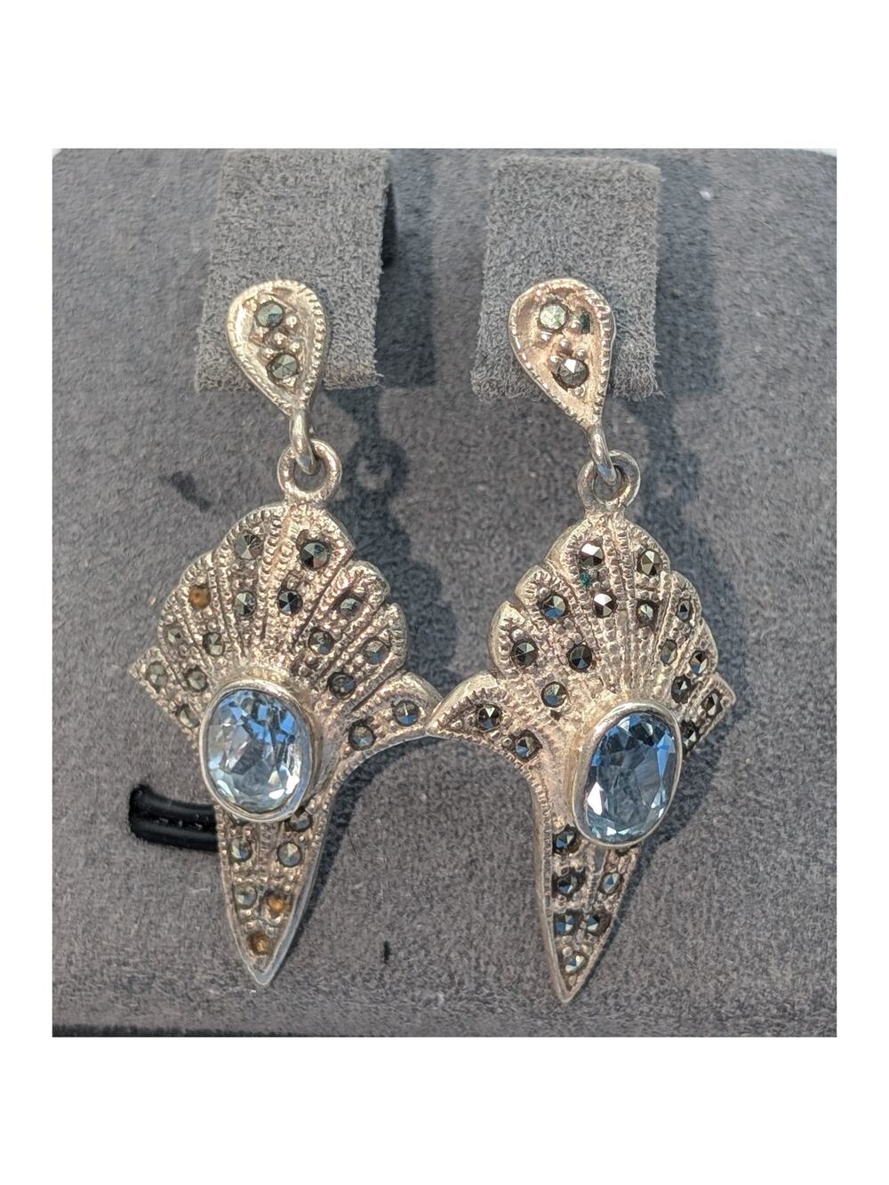 Vintage Sterling Silver Blue Topaz Marcasite Dangle Earrings
